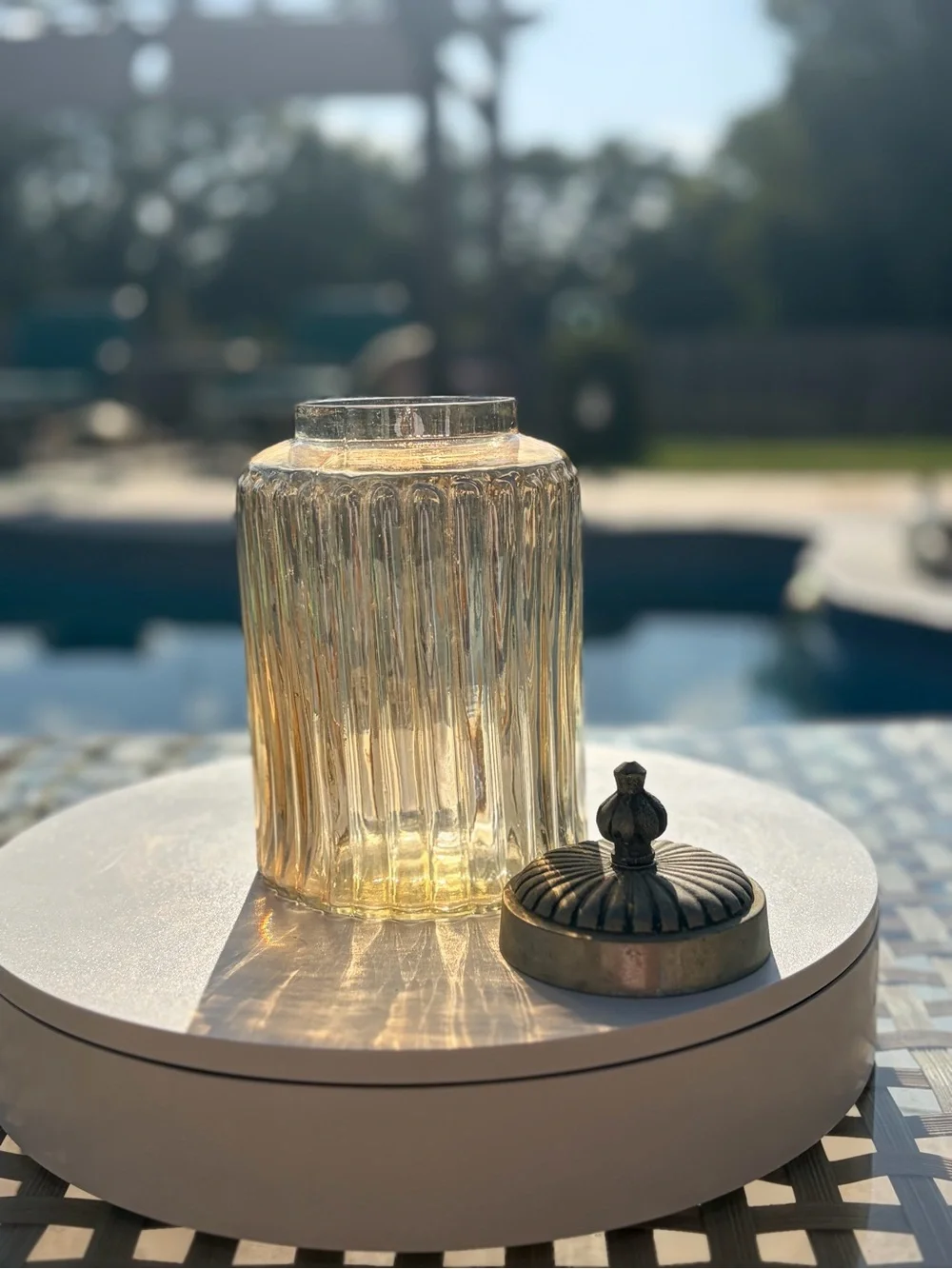 Decorative Amber Glass Jar with Ornate Metal Lid - Home Accents